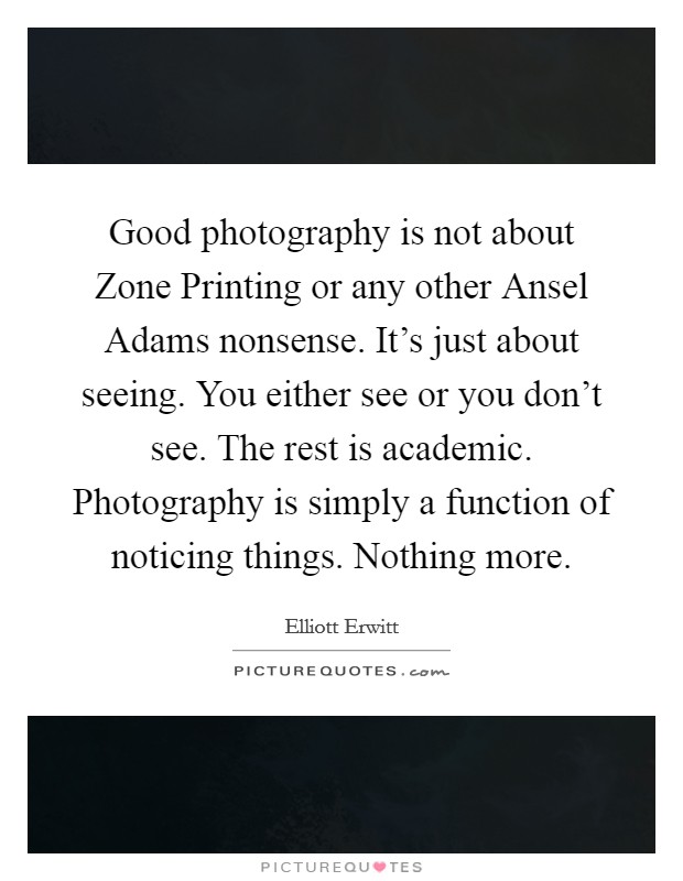 Good photography is not about Zone Printing or any other Ansel Adams nonsense. It's just about seeing. You either see or you don't see. The rest is academic. Photography is simply a function of noticing things. Nothing more Picture Quote #1