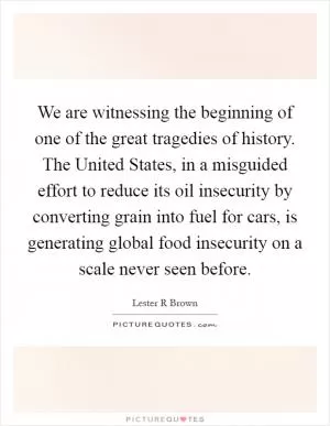 We are witnessing the beginning of one of the great tragedies of history. The United States, in a misguided effort to reduce its oil insecurity by converting grain into fuel for cars, is generating global food insecurity on a scale never seen before Picture Quote #1