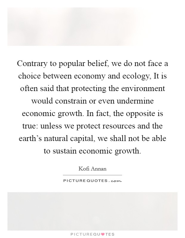 Contrary to popular belief, we do not face a choice between economy and ecology, It is often said that protecting the environment would constrain or even undermine economic growth. In fact, the opposite is true: unless we protect resources and the earth's natural capital, we shall not be able to sustain economic growth Picture Quote #1
