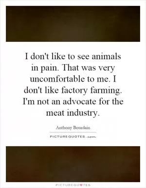 I don't like to see animals in pain. That was very uncomfortable to me. I don't like factory farming. I'm not an advocate for the meat industry Picture Quote #1