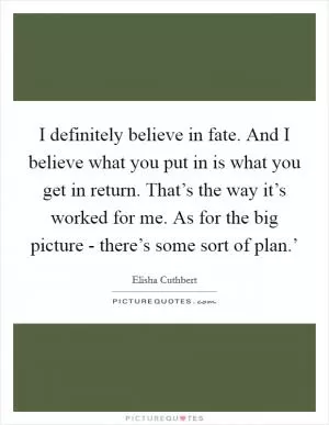I definitely believe in fate. And I believe what you put in is what you get in return. That’s the way it’s worked for me. As for the big picture - there’s some sort of plan.’ Picture Quote #1