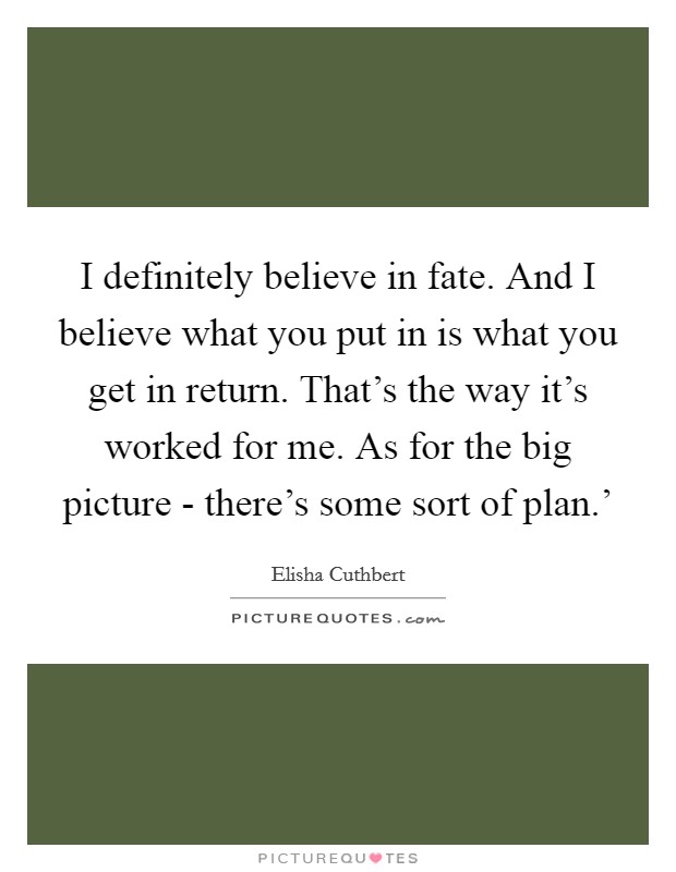 I definitely believe in fate. And I believe what you put in is what you get in return. That's the way it's worked for me. As for the big picture - there's some sort of plan.' Picture Quote #1