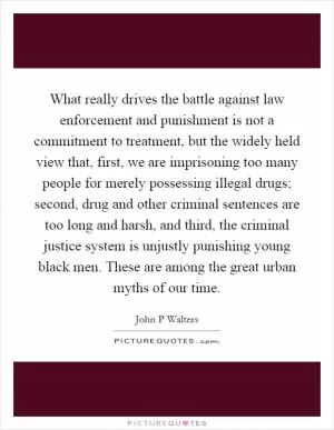What really drives the battle against law enforcement and punishment is not a commitment to treatment, but the widely held view that, first, we are imprisoning too many people for merely possessing illegal drugs; second, drug and other criminal sentences are too long and harsh, and third, the criminal justice system is unjustly punishing young black men. These are among the great urban myths of our time Picture Quote #1