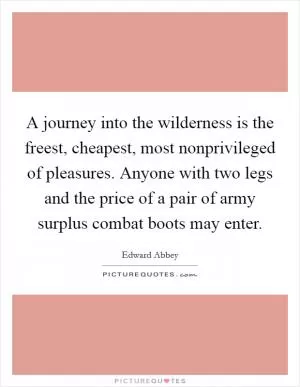 A journey into the wilderness is the freest, cheapest, most nonprivileged of pleasures. Anyone with two legs and the price of a pair of army surplus combat boots may enter Picture Quote #1
