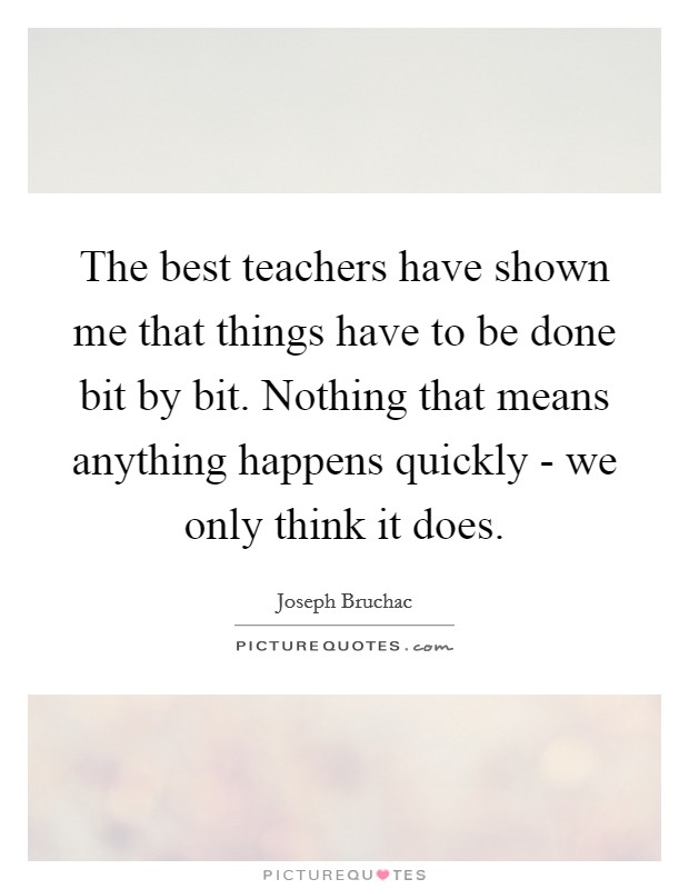 The best teachers have shown me that things have to be done bit by bit. Nothing that means anything happens quickly - we only think it does Picture Quote #1