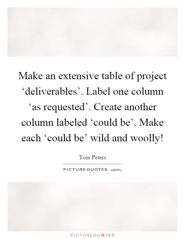 Make an extensive table of project ‘deliverables'. Label one column ‘as requested'. Create another column labeled ‘could be'. Make each ‘could be' wild and woolly! Picture Quote #1
