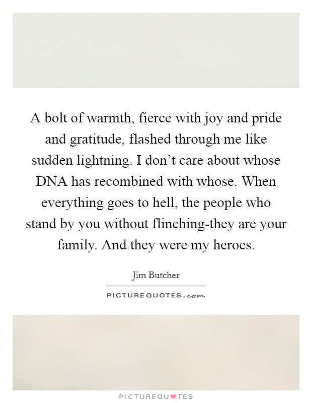 A bolt of warmth, fierce with joy and pride and gratitude, flashed through me like sudden lightning. I don't care about whose DNA has recombined with whose. When everything goes to hell, the people who stand by you without flinching-they are your family. And they were my heroes Picture Quote #1