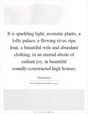 It is sparkling light, aromatic plants, a lofty palace, a flowing river, ripe fruit, a beautiful wife and abundant clothing, in an eternal abode of radiant joy, in beautiful soundly-constructed high houses Picture Quote #1