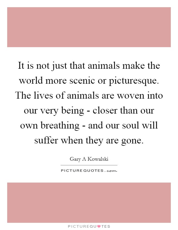 It is not just that animals make the world more scenic or picturesque. The lives of animals are woven into our very being - closer than our own breathing - and our soul will suffer when they are gone Picture Quote #1