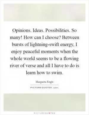 Opinions. Ideas. Possibilities. So many! How can I choose? Between bursts of lightning-swift energy, I enjoy peaceful moments when the whole world seems to be a flowing river of verse and all I have to do is learn how to swim Picture Quote #1