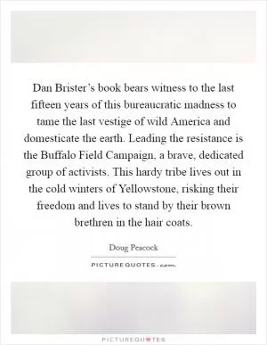 Dan Brister’s book bears witness to the last fifteen years of this bureaucratic madness to tame the last vestige of wild America and domesticate the earth. Leading the resistance is the Buffalo Field Campaign, a brave, dedicated group of activists. This hardy tribe lives out in the cold winters of Yellowstone, risking their freedom and lives to stand by their brown brethren in the hair coats Picture Quote #1