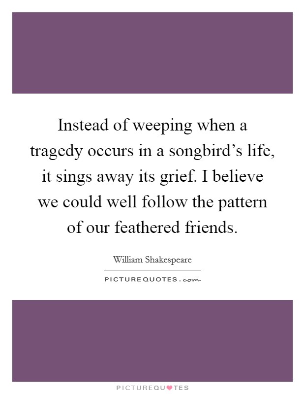 Instead of weeping when a tragedy occurs in a songbird's life, it sings away its grief. I believe we could well follow the pattern of our feathered friends Picture Quote #1