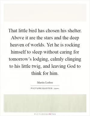 That little bird has chosen his shelter. Above it are the stars and the deep heaven of worlds. Yet he is rocking himself to sleep without caring for tomorrow’s lodging, calmly clinging to his little twig, and leaving God to think for him Picture Quote #1