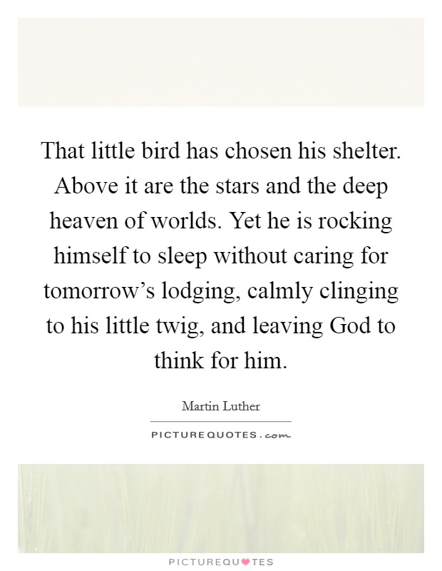 That little bird has chosen his shelter. Above it are the stars and the deep heaven of worlds. Yet he is rocking himself to sleep without caring for tomorrow's lodging, calmly clinging to his little twig, and leaving God to think for him Picture Quote #1