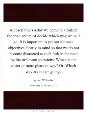 A dozen times a day we come to a fork in the road and must decide which way we will go. It is important to get our ultimate objectives clearly in mind so that we do not become distracted at each fork in the road by the irrelevant questions: Which is the easier or more pleasant way? Or, Which way are others going? Picture Quote #1