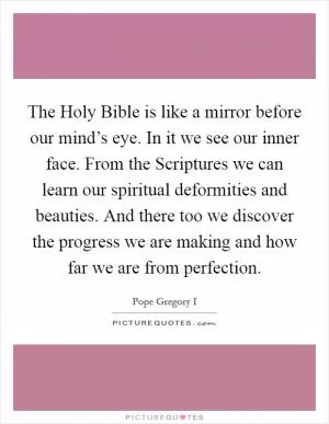 The Holy Bible is like a mirror before our mind’s eye. In it we see our inner face. From the Scriptures we can learn our spiritual deformities and beauties. And there too we discover the progress we are making and how far we are from perfection Picture Quote #1