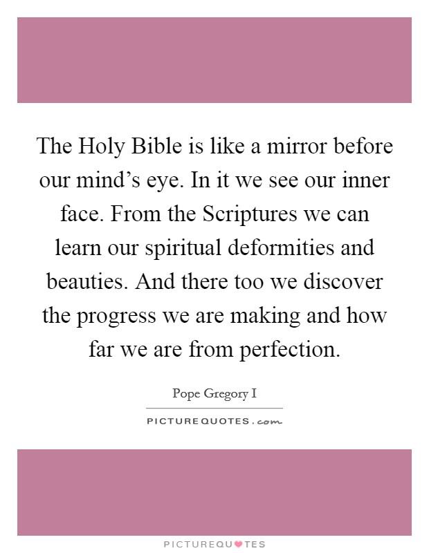 The Holy Bible is like a mirror before our mind's eye. In it we see our inner face. From the Scriptures we can learn our spiritual deformities and beauties. And there too we discover the progress we are making and how far we are from perfection Picture Quote #1