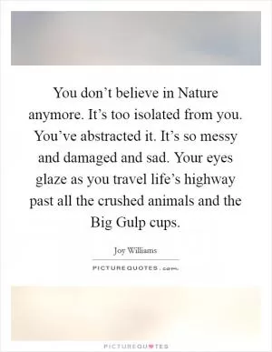 You don’t believe in Nature anymore. It’s too isolated from you. You’ve abstracted it. It’s so messy and damaged and sad. Your eyes glaze as you travel life’s highway past all the crushed animals and the Big Gulp cups Picture Quote #1