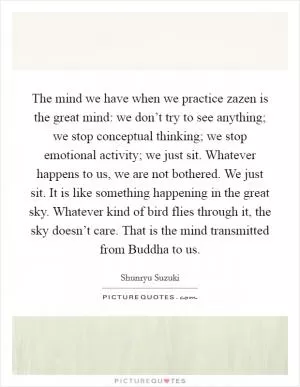 The mind we have when we practice zazen is the great mind: we don’t try to see anything; we stop conceptual thinking; we stop emotional activity; we just sit. Whatever happens to us, we are not bothered. We just sit. It is like something happening in the great sky. Whatever kind of bird flies through it, the sky doesn’t care. That is the mind transmitted from Buddha to us Picture Quote #1