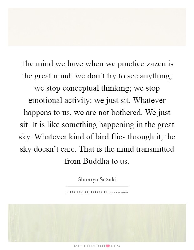 The mind we have when we practice zazen is the great mind: we don't try to see anything; we stop conceptual thinking; we stop emotional activity; we just sit. Whatever happens to us, we are not bothered. We just sit. It is like something happening in the great sky. Whatever kind of bird flies through it, the sky doesn't care. That is the mind transmitted from Buddha to us Picture Quote #1