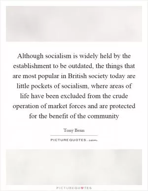Although socialism is widely held by the establishment to be outdated, the things that are most popular in British society today are little pockets of socialism, where areas of life have been excluded from the crude operation of market forces and are protected for the benefit of the community Picture Quote #1