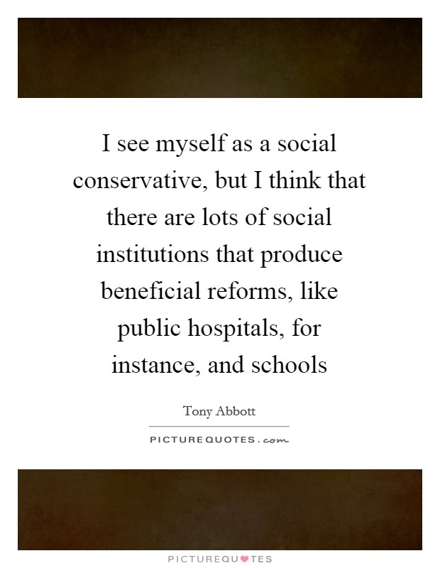 I see myself as a social conservative, but I think that there are lots of social institutions that produce beneficial reforms, like public hospitals, for instance, and schools Picture Quote #1