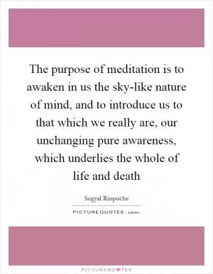 The purpose of meditation is to awaken in us the sky-like nature of mind, and to introduce us to that which we really are, our unchanging pure awareness, which underlies the whole of life and death Picture Quote #1