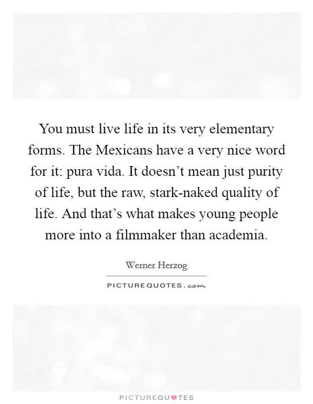 You must live life in its very elementary forms. The Mexicans have a very nice word for it: pura vida. It doesn't mean just purity of life, but the raw, stark-naked quality of life. And that's what makes young people more into a filmmaker than academia Picture Quote #1
