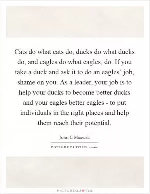 Cats do what cats do, ducks do what ducks do, and eagles do what eagles, do. If you take a duck and ask it to do an eagles’ job, shame on you. As a leader, your job is to help your ducks to become better ducks and your eagles better eagles - to put individuals in the right places and help them reach their potential Picture Quote #1