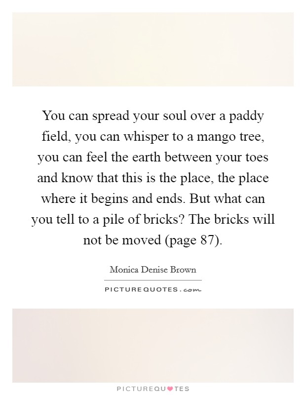 You can spread your soul over a paddy field, you can whisper to a mango tree, you can feel the earth between your toes and know that this is the place, the place where it begins and ends. But what can you tell to a pile of bricks? The bricks will not be moved (page 87) Picture Quote #1
