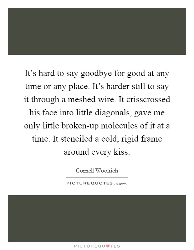 It's hard to say goodbye for good at any time or any place. It's harder still to say it through a meshed wire. It crisscrossed his face into little diagonals, gave me only little broken-up molecules of it at a time. It stenciled a cold, rigid frame around every kiss Picture Quote #1