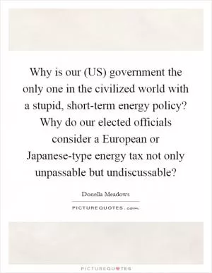 Why is our (US) government the only one in the civilized world with a stupid, short-term energy policy? Why do our elected officials consider a European or Japanese-type energy tax not only unpassable but undiscussable? Picture Quote #1
