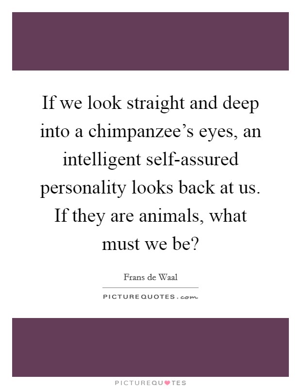 If we look straight and deep into a chimpanzee's eyes, an intelligent self-assured personality looks back at us. If they are animals, what must we be? Picture Quote #1