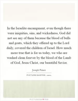 In the Israelite encampment, even though there were iniquities, sins, and wickedness, God did not see any of them because the blood of bulls and goats, which they offered up to the Lord daily, covered the children of Israel. How much more true that is for us today, we who are washed clean forever by the blood of the Lamb of God, Jesus Christ, our beautiful Savior Picture Quote #1