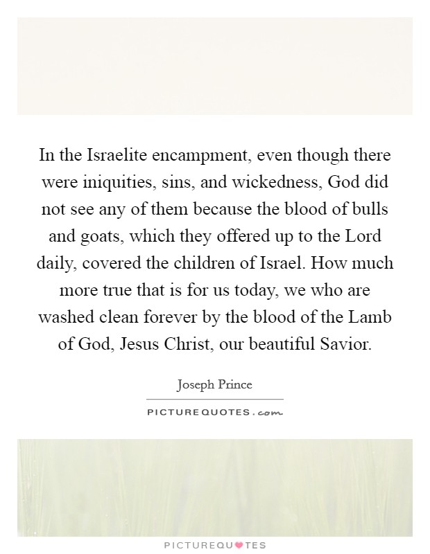 In the Israelite encampment, even though there were iniquities, sins, and wickedness, God did not see any of them because the blood of bulls and goats, which they offered up to the Lord daily, covered the children of Israel. How much more true that is for us today, we who are washed clean forever by the blood of the Lamb of God, Jesus Christ, our beautiful Savior Picture Quote #1
