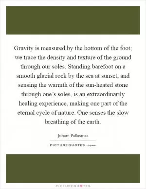 Gravity is measured by the bottom of the foot; we trace the density and texture of the ground through our soles. Standing barefoot on a smooth glacial rock by the sea at sunset, and sensing the warmth of the sun-heated stone through one’s soles, is an extraordinarily healing experience, making one part of the eternal cycle of nature. One senses the slow breathing of the earth Picture Quote #1