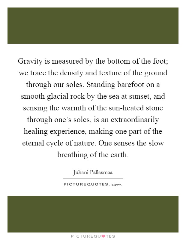 Gravity is measured by the bottom of the foot; we trace the density and texture of the ground through our soles. Standing barefoot on a smooth glacial rock by the sea at sunset, and sensing the warmth of the sun-heated stone through one's soles, is an extraordinarily healing experience, making one part of the eternal cycle of nature. One senses the slow breathing of the earth Picture Quote #1