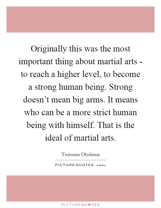 Originally this was the most important thing about martial arts - to reach a higher level, to become a strong human being. Strong doesn't mean big arms. It means who can be a more strict human being with himself. That is the ideal of martial arts Picture Quote #1