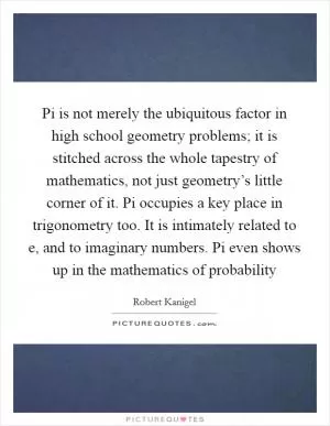 Pi is not merely the ubiquitous factor in high school geometry problems; it is stitched across the whole tapestry of mathematics, not just geometry’s little corner of it. Pi occupies a key place in trigonometry too. It is intimately related to e, and to imaginary numbers. Pi even shows up in the mathematics of probability Picture Quote #1