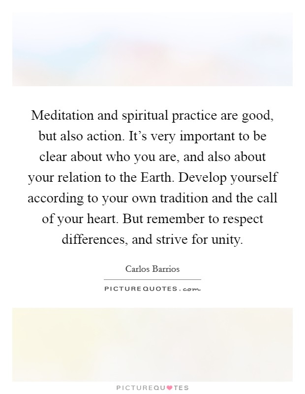 Meditation and spiritual practice are good, but also action. It's very important to be clear about who you are, and also about your relation to the Earth. Develop yourself according to your own tradition and the call of your heart. But remember to respect differences, and strive for unity Picture Quote #1