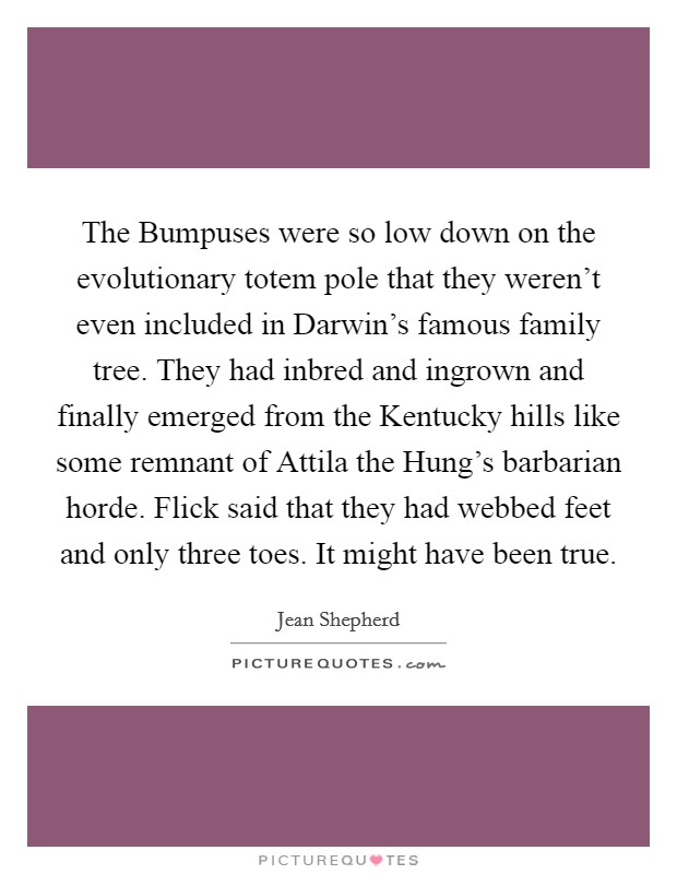 The Bumpuses were so low down on the evolutionary totem pole that they weren't even included in Darwin's famous family tree. They had inbred and ingrown and finally emerged from the Kentucky hills like some remnant of Attila the Hung's barbarian horde. Flick said that they had webbed feet and only three toes. It might have been true Picture Quote #1