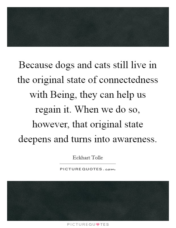 Because dogs and cats still live in the original state of connectedness with Being, they can help us regain it. When we do so, however, that original state deepens and turns into awareness Picture Quote #1