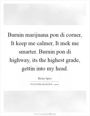 Burnin marijuana pon di corner, It keep me calmer, It mek me smarter. Burnin pon di highway, its the highest grade, gettin into my head Picture Quote #1