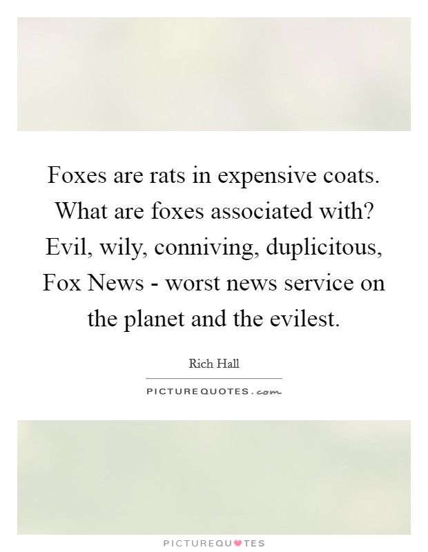 Foxes are rats in expensive coats. What are foxes associated with? Evil, wily, conniving, duplicitous, Fox News - worst news service on the planet and the evilest Picture Quote #1