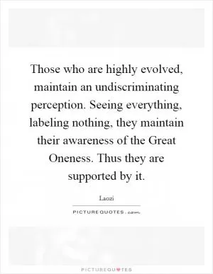 Those who are highly evolved, maintain an undiscriminating perception. Seeing everything, labeling nothing, they maintain their awareness of the Great Oneness. Thus they are supported by it Picture Quote #1