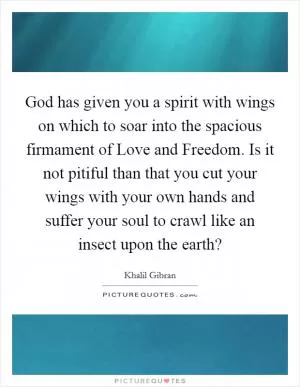 God has given you a spirit with wings on which to soar into the spacious firmament of Love and Freedom. Is it not pitiful than that you cut your wings with your own hands and suffer your soul to crawl like an insect upon the earth? Picture Quote #1