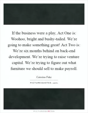 If the business were a play, Act One is: Woohoo, bright and bushy-tailed. We’re going to make something great! Act Two is: We’re six months behind on back-end development. We’re trying to raise venture capital. We’re trying to figure out what furniture we should sell to make payroll Picture Quote #1