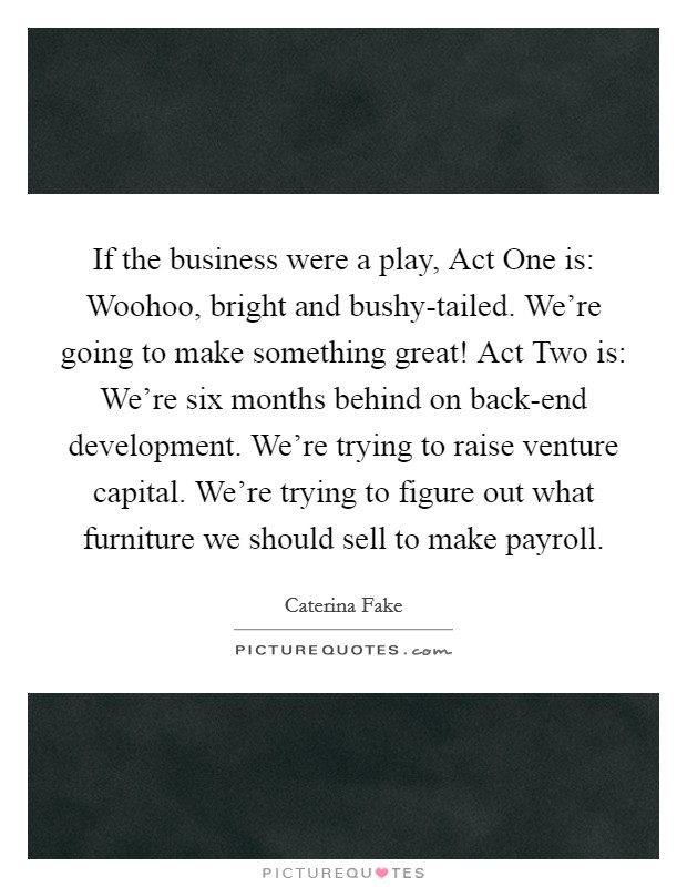 If the business were a play, Act One is: Woohoo, bright and bushy-tailed. We're going to make something great! Act Two is: We're six months behind on back-end development. We're trying to raise venture capital. We're trying to figure out what furniture we should sell to make payroll Picture Quote #1