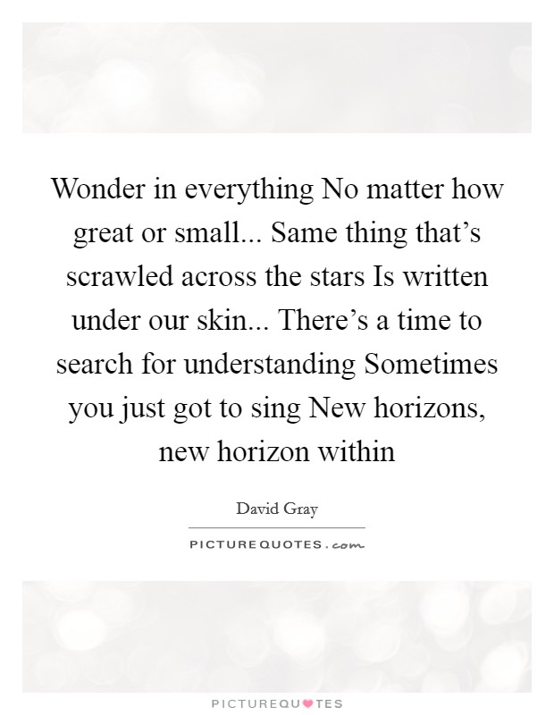 Wonder in everything No matter how great or small... Same thing that's scrawled across the stars Is written under our skin... There's a time to search for understanding Sometimes you just got to sing New horizons, new horizon within Picture Quote #1