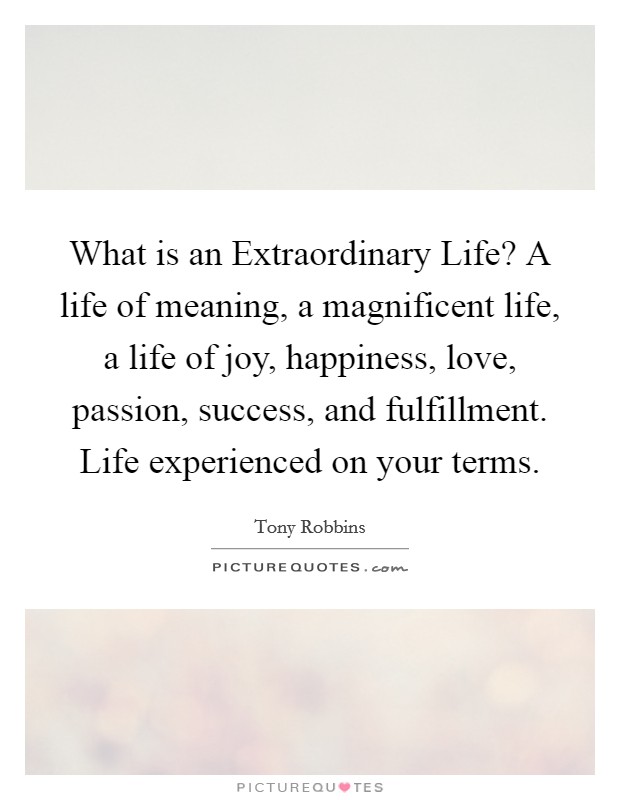 What is an Extraordinary Life? A life of meaning, a magnificent life, a life of joy, happiness, love, passion, success, and fulfillment. Life experienced on your terms Picture Quote #1